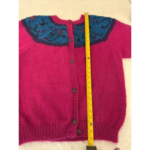 Vtg Manos Del Uruguay Handknit Wool Cardigan Sweater Fuchsia Blue L - Picture 10 of 10